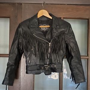 Vintage black leather fringe biker jacket xxs/xs